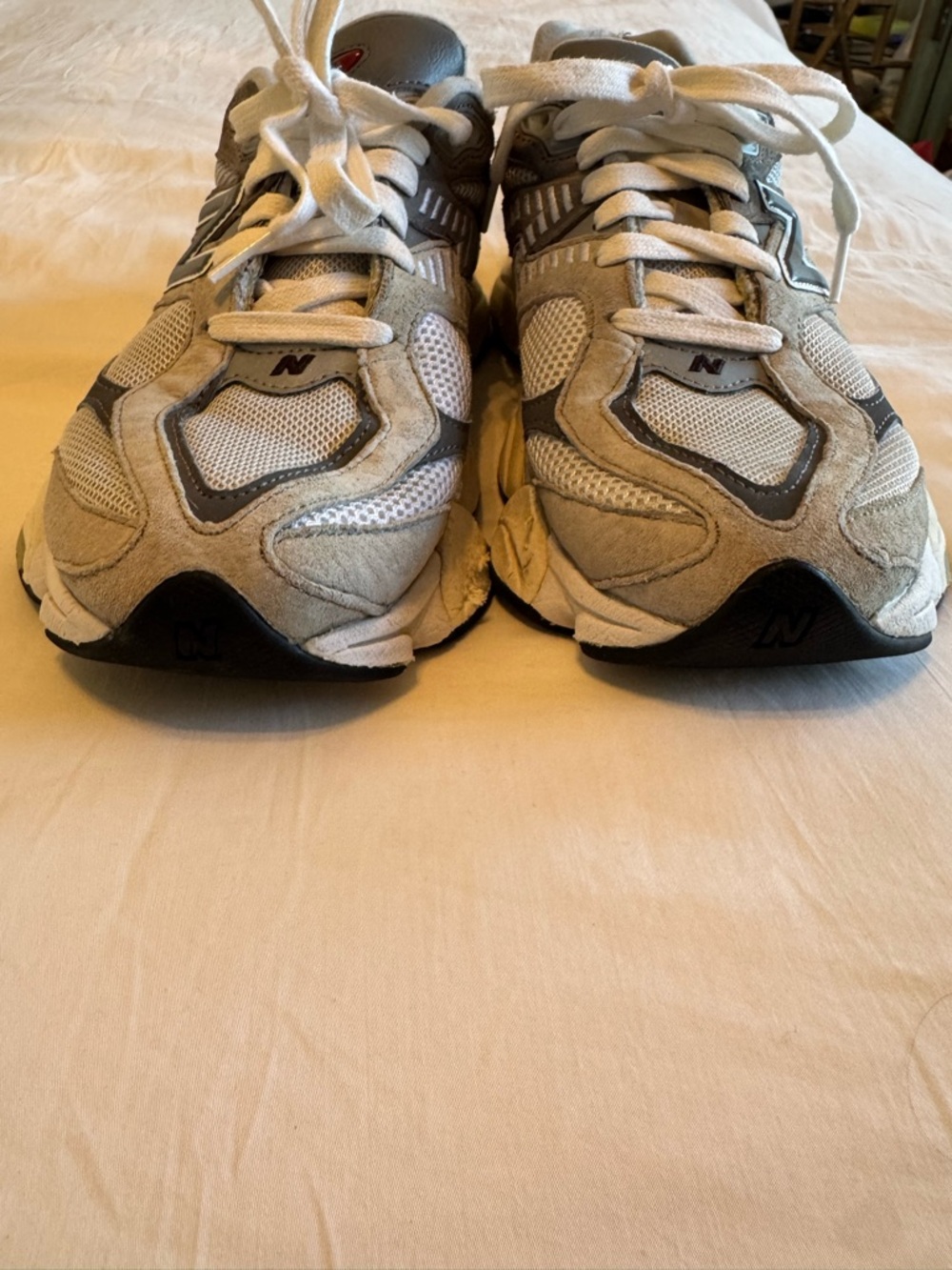 New Balance Grey and Cream Chunky Mesh Suede Sneakers - Picture 9 of 10